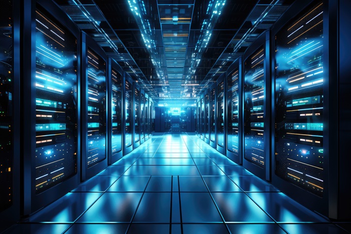 Data Center Server Room. Network Communication, Colorful Neon Server Racks, and Telecommunication Equipment, Optical fiber in a Cutting-Edge Technology Background. generative AI.
